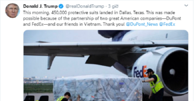 Tổng thống Trump cảm ơn Việt Nam khi xuất 450.000 bộ đồ bảo hộ sang Mỹ
