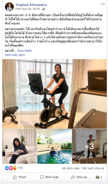 Cựu thủ tướng Thái Lan Yingluck bất ngờ lên Facebook chia sẻ cách vượt qua cách ly