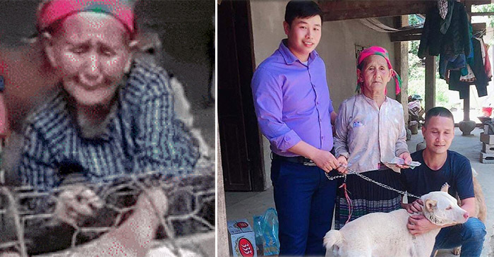 Anh Lê Văn Tiến (bên phải) - người tặng lại cho cụ bà H'mong chú chó bà đã bán đi