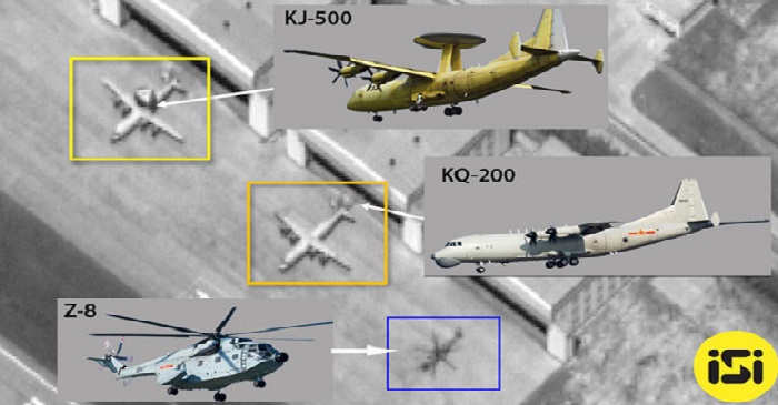 Ảnh vệ tinh ngày 13/5 cho thấy các máy bay quân sự KJ-500, KQ-200 và Z-8 hiện diện tại bãi đá Chữ Thập