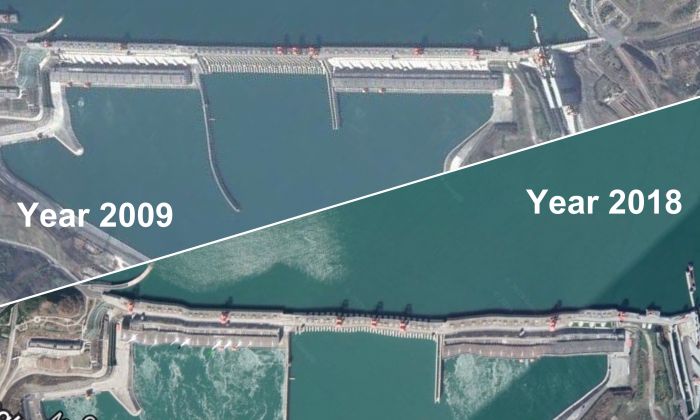 Hình ảnh vệ tinh so sánh đập Tam Hiệp năm 2009 và 2018. 
