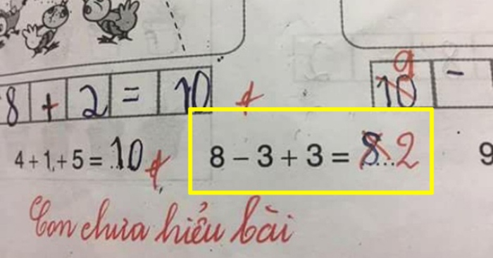 Học sinh giải '8 - 3 + 3 = 8', giáo viên đưa ra đáp án là 2