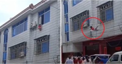 Video: Hàng xóm nhanh trí mang chăn bông đỡ bé gái rơi từ cửa sổ tầng 3