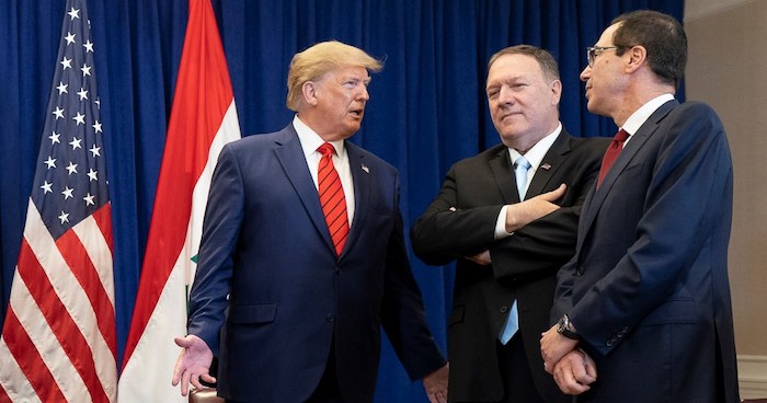 Tổng thống Mỹ Donald Trump, Ngoại trưởng Mike Pompeo và Bộ trưởng Tài chính Steven Mnuchin tham dự các cuộc gặp song phương tại Đại hội đồng Liên Hợp Quốc ở New York, Mỹ, ngày 24/9/2019 (ảnh: Nhà Trắng).