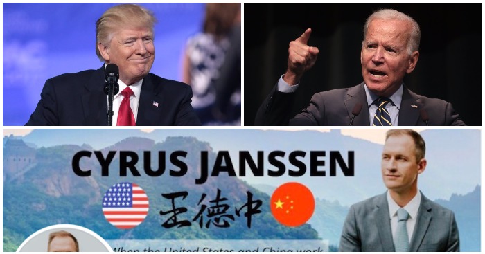 Ảnh ghép có Tổng thống Mỹ Donald Trump; Cựu Phó Tổng thống Joe Biden; và ông Cyrus Janssen, một công dân Mỹ có video bị coi là thân Trung Quốc.