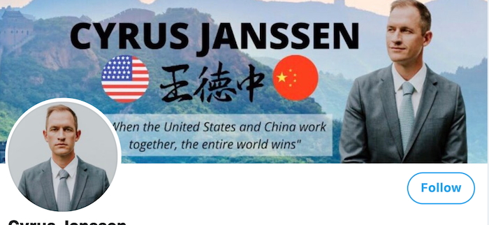 Ảnh chụp màn hình Twitter của ông Cyrus Janssen, một người Mỹ thường có những phát biểu "thân Trung Quốc".