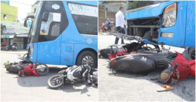 Chờ xe tang Đoàn 337 đi qua, 4 xe máy bị ôtô khách húc văng