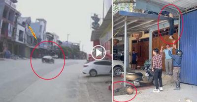 Clip: Khoảnh khắc xe ôtô tông 2 cha con, 1 người bay lên nóc nhà