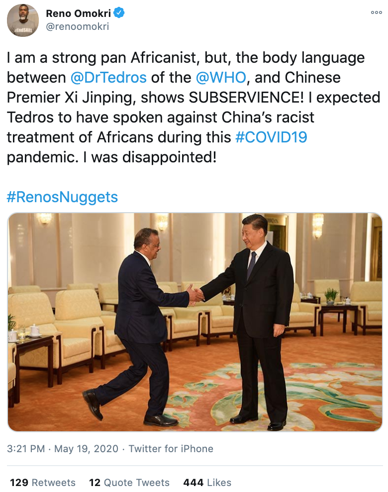 Một cư dân mạng người châu Phi chia sẻ bức ảnh Tổng giám đốc WHO Tedros vội vàng bước tới bắt tay Chủ tịch Tập Cận Bình; khi ông Tedros thăm Bắc Kinh vào tháng 1/2020.