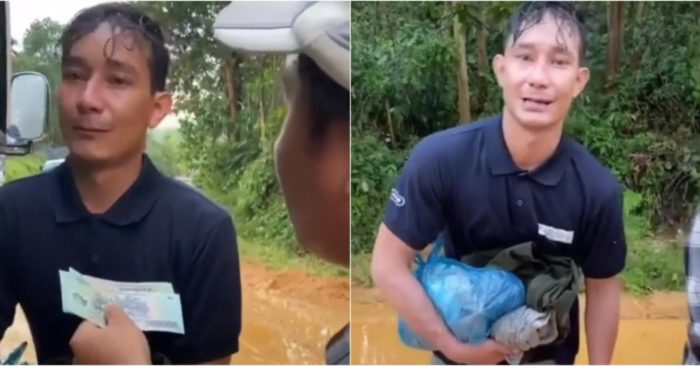 Nguoi dan ong vưa khoc vua noi cho em xin xe di chu em khong can tien