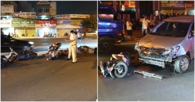 Ôtô 7 chỗ mất lái, lạng lách sau đó húc 10 xe máy đang dừng đèn đỏ