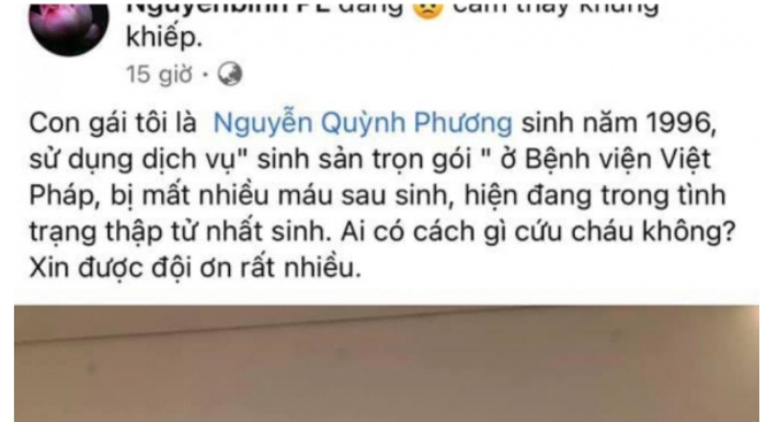 Thông tin về sản phụ bị mất máu sau sinh tại bệnh viện Việt Pháp được chia sẻ trên mạng xã hội.