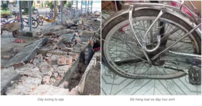 Tường rào dài gần 30m trường tiểu học đổ sập, đè hàng chục xe học sinh