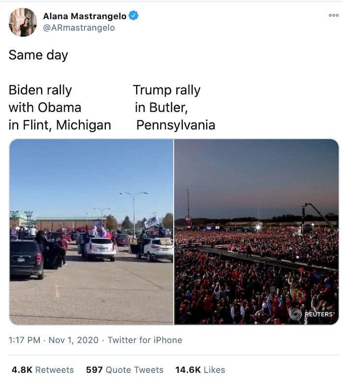 Cư dân mạng so sánh hình ảnh đối lập từ cuộc mít tinh của ông Joe Biden (bên trái) và của Tổng thống Donald Trump (bên phải).