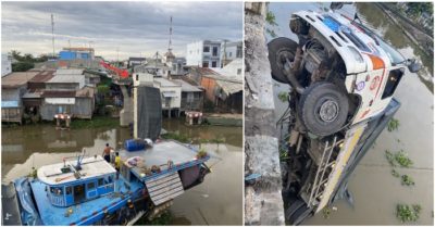 Video hiện trường nơi xe tải chở 15 tấn lúa gây sập cầu Thiên Hộ rơi xuống kênh