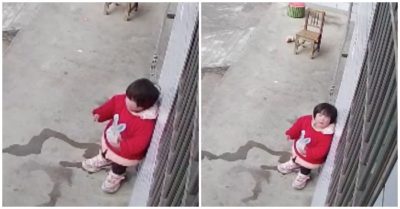 Bé gái nhìn lên camera an ninh năn nỉ bố mẹ đi làm xa về nhà thăm