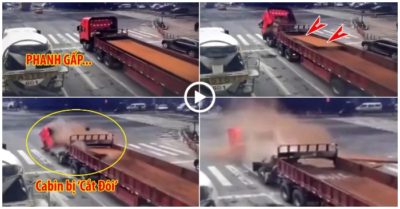 Clip khoảnh khắc phanh gấp dừng đèn đỏ, xe đầu kéo bị tấm thép cắt đôi cabin