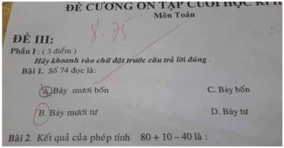 Học sinh chọn đáp án ‘bảy mươi bốn’, cô giáo gạch sai ‘bảy mươi tư’ mới chính xác