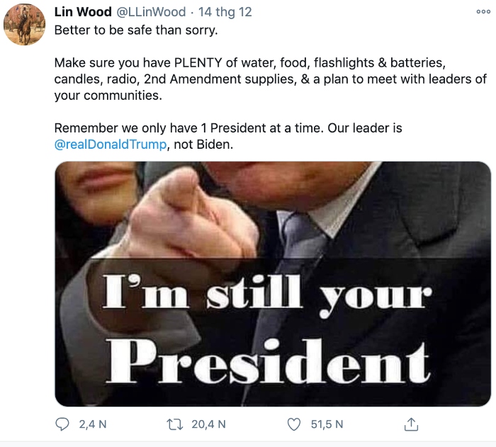 Luật sư nổi tiếng Lin Wood đã tweet vào sáng 14/12 