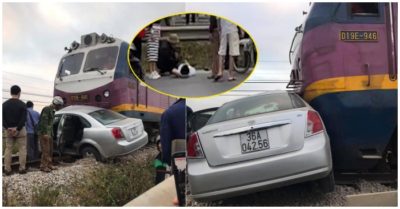 Video hiện trường vụ tai nạn ôtô cố tình băng qua đường ray bị tàu hỏa kéo hàng trăm mét