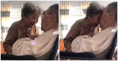 Cụ bà nhẹ nhàng cụng trán, hôn môi động viên chồng ngồi trên xe lăn