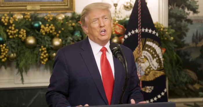Tổng thống Trump phát biểu phủ quyết dự luật cứu trợ Covid ngày 22/12/2020 theo giờ Mỹ (ảnh chụp màn hình video).