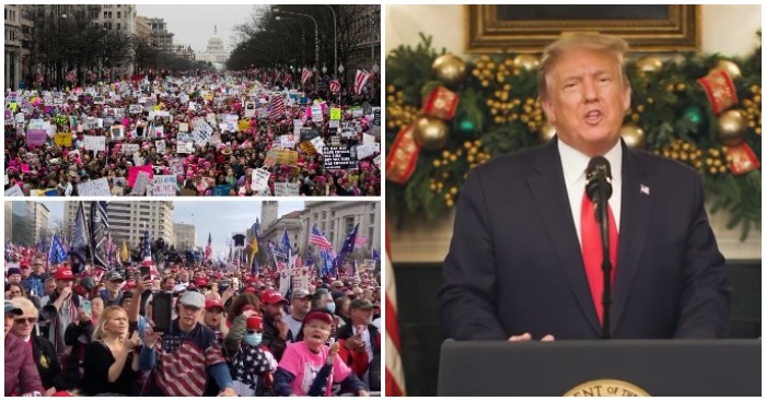 Hàng nghìn người đang đổ về thủ đô Washington vào ngày 6/1/2021 để tham gia sự kiện mít tinh "Cứu nước Mỹ". Ảnh minh họa chụp và ghép từ video Facebook/Twitter.