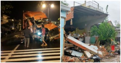 Xe container nổ lốp lao vào 7 nhà dân ở Quảng Nam