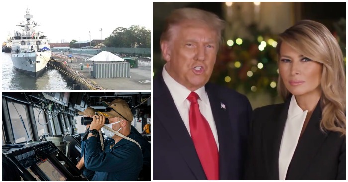 Tổng thống Mỹ Donald Trump và Đệ nhất phu nhân Melania gửi thông điệp Giáng sinh, trong khi hải quân Mỹ tuần tra Biển Đông vào ngày 24/12/2020 (ảnh: Twitterr/chụp màn hình video).