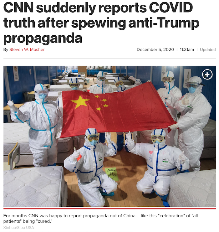 Báo NYP đăng bức ảnh ví dụ về việc CNN đưa tin theo tuyên truyền của Trung Quốc về COVID-19 (ảnh chụp màn hình).