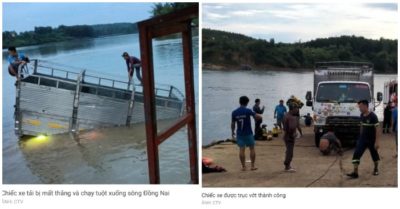 Xe tải mất thắng lao xuống sông, tài xế và phụ xe kêu cứu