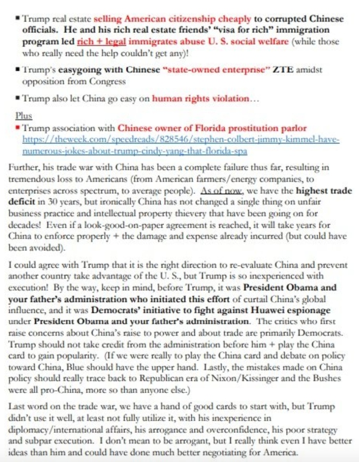 Tập trung vào ưu tiên - Phác thảo chiến lược của Trung Quốc để Joe Biden giành chiến thắng trong cuộc bầu cử năm 2020. Jai Qi viết: “Hãy xoáy vào sự ngu ngốc của phe Trump với sự phóng đại và bịa đặt về mối quan hệ kinh doanh của nhà Biden với Trung Quốc…”