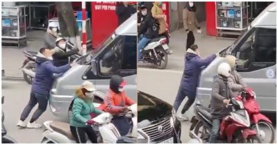 Tông vỡ đèn, ôtô 16 chỗ cố tình nhấn ga đẩy người chặn trước xe để bỏ chạy