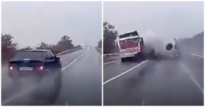 Ôtô con chạy tốc độ cao, lấn làn sang tông xe container