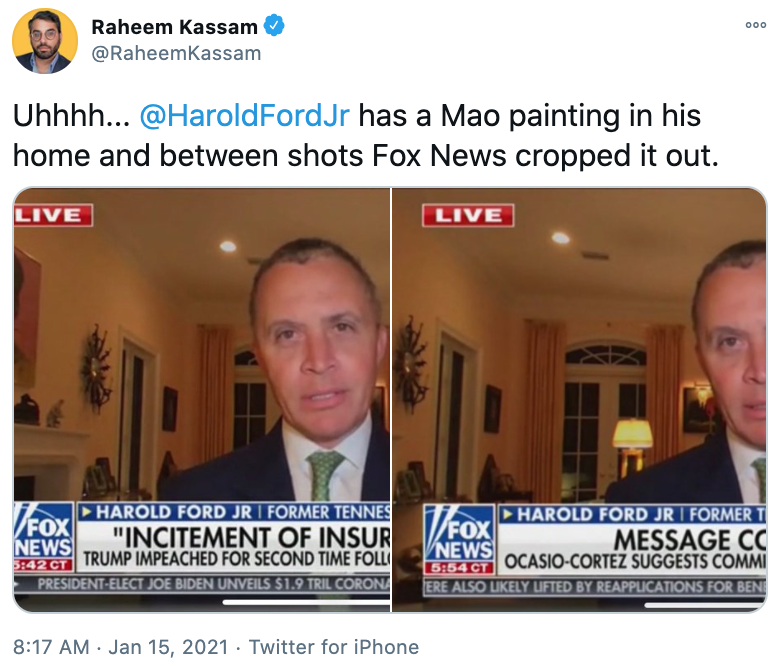 Ông Raheem Kassam, người dẫn chương trình War Room đã chỉ rõ hình ảnh trước và sau khi Fox News điều chỉnh góc nhìn để che khuất bức ảnh Mao Trạch Đông.