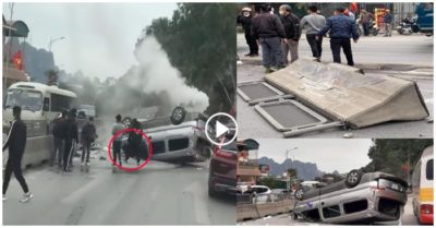 Xe ôtô 9 chỗ tông đổ dải phân cách, lật giữa đường bốc khói