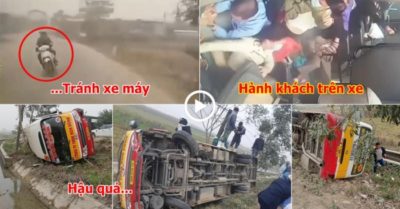 Video đánh lái cứu mạng tài xế xe máy vượt ẩu, xe buýt chở hàng chục khách lật nhào