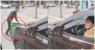 Nữ tài xế ủi thùng rác cả đoạn đường dài, khi có người chạy theo nhắc mới biết chuyện