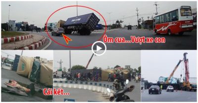 Xe container lật nhào khi vượt ôtô con tại vòng xuyến
