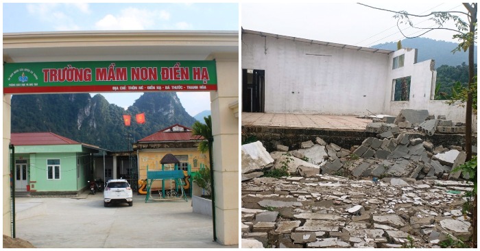 Trường Mầm non Điền Hạ và hiện trường vụ sập tường phòng học.