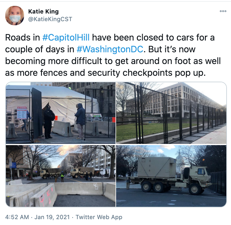 Cư dân mạng chia sẻ hình ảnh cho thấy các bức tường chắn và hàng rào được lắp đặt ở thủ đô Washington từ vài ngày trước lễ nhậm chức của ông Joe Biden.