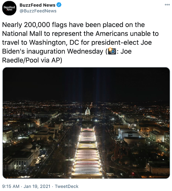 Gần 200.000 lá cờ được cắm tại Trung tâm Quốc gia National Mall để thay thế cho số người tham dự lễ nhậm chức của ông Joe Biden