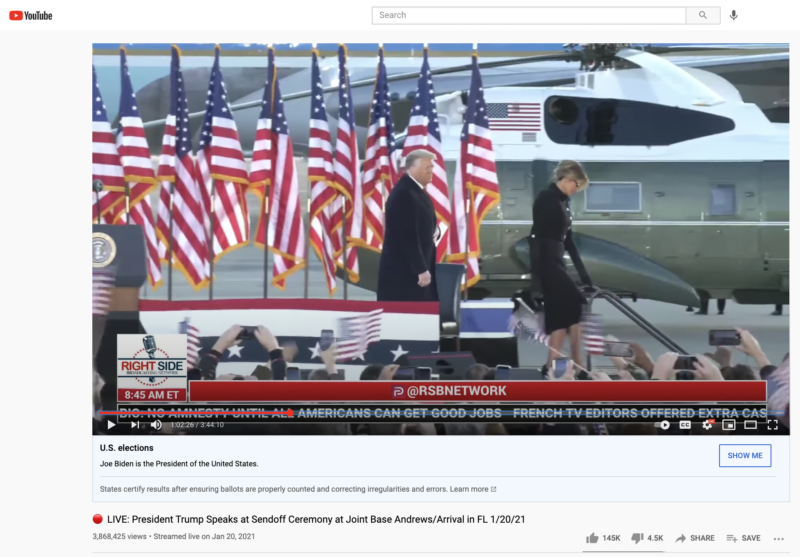 Video ông Trump rời nhiệm sở trở về Florida có gần 4 triệu lượt xem (ảnh chụp màn hình Youtube).