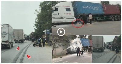 Va chạm với container, xe máy và người đàn ông bị kéo lê hàng chục mét