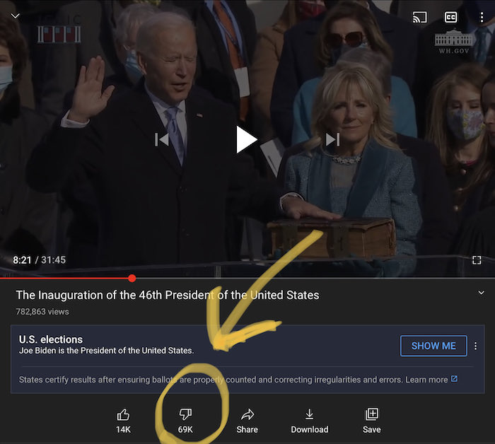 Video ông Joe Biden nhậm chức có gần 70.000 người không thích, gấp 5 lần số người thích