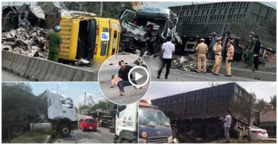 Xe đầu kéo mất lái, lao sang đường ngược chiều rồi tông lật xe tải