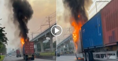 Xe container bốc cháy khi chạy trên xa lộ Hà Nội