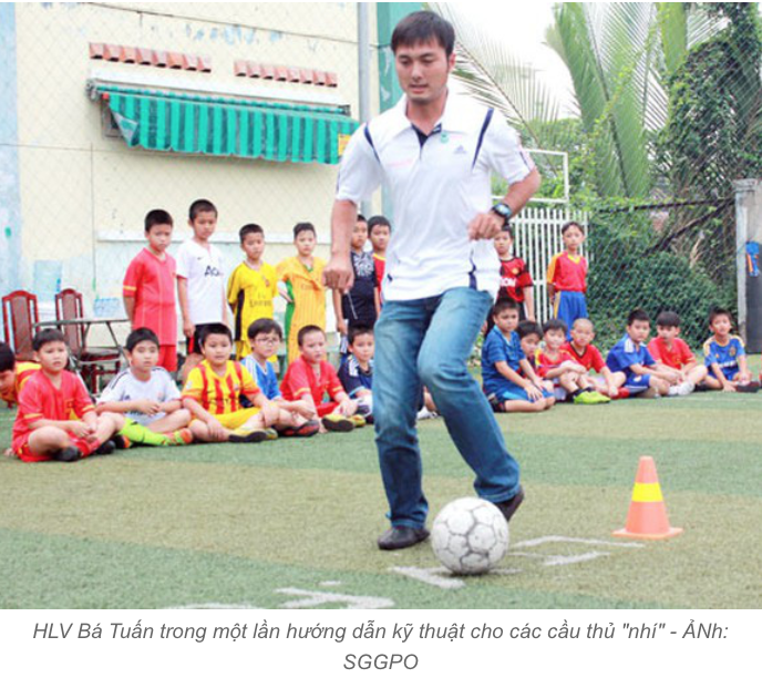 HLV Huỳnh Bá Tuấn trong một lần hướng dẫn kỹ thuật cho các cầu thủ "nhí".