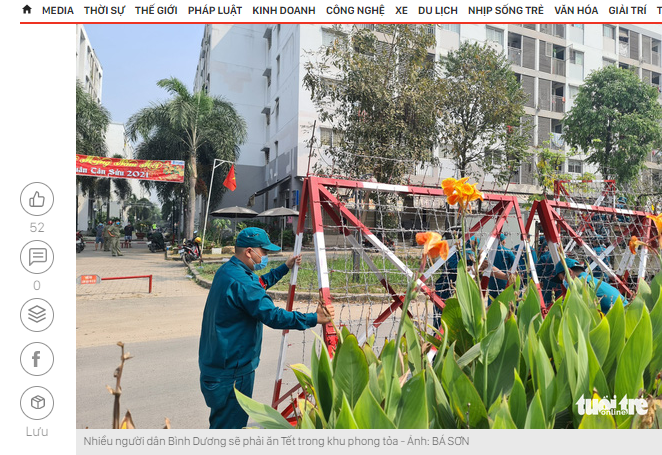 Rào chắn, phong tỏa quanh tòa chung cư ở Thuận An - Bình Dương nơi bệnh nhân mới được xác định nhiễm Covid-19 vào sáng 6/2 cư trú (ảnh chụp màn hình báo Tuổi Trẻ).