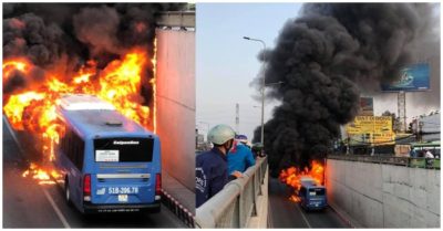 Video xe buýt bất ngờ bốc cháy khi di chuyển qua khu vực hầm chui An Sương